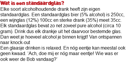 Wat is een standaardglas? Elke soort alcoholhoudende drank heeft zijn eigen standaardglas. Een standaardglas bier (5% alcohol) is 250cc, een wijnglas (12%) 100cc en sterke drank (35%) meet 35cc. Elk standaardglas bevat zo net zoveel pure alcohol (circa 10 gram). Drink dus elk drankje uit het daarvoor bestemde glas. Dan weet je hoeveel alcohol je binnen krijgt! Van ontspannen naar knock-out Een glaasje drinken is relaxed. En nóg eentje kan meestal ook geen kwaad. ‘Ach, doe mij er nóg maar eentje! Wie was er ook weer de Bob vandaag?’